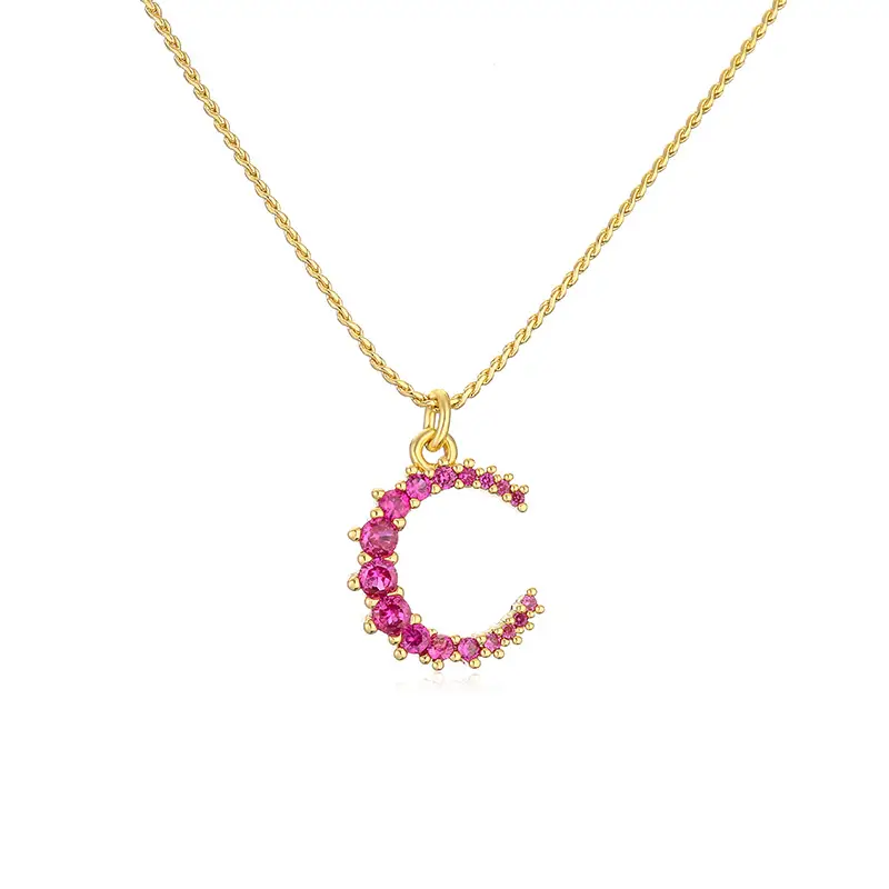 brass gold pink cz initial letter c necklace