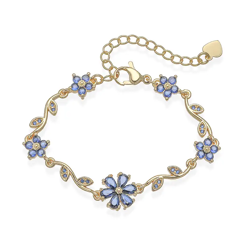 brass gold plated blue cz flower charm bracelet