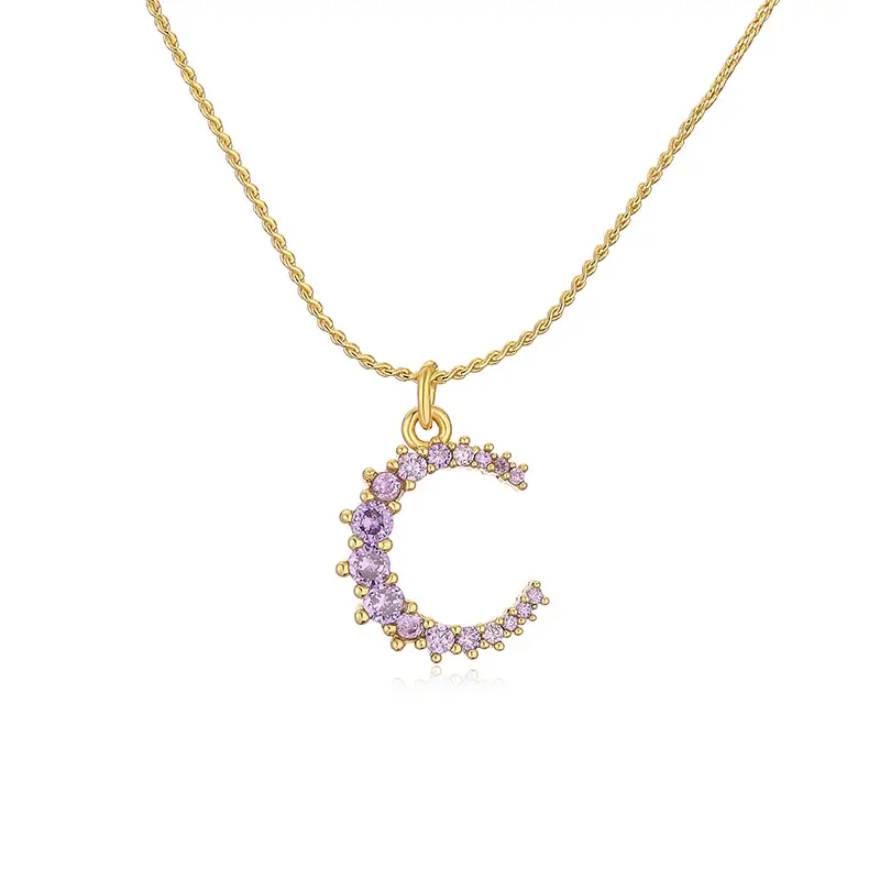 brass gold purple cz initial letter c necklace