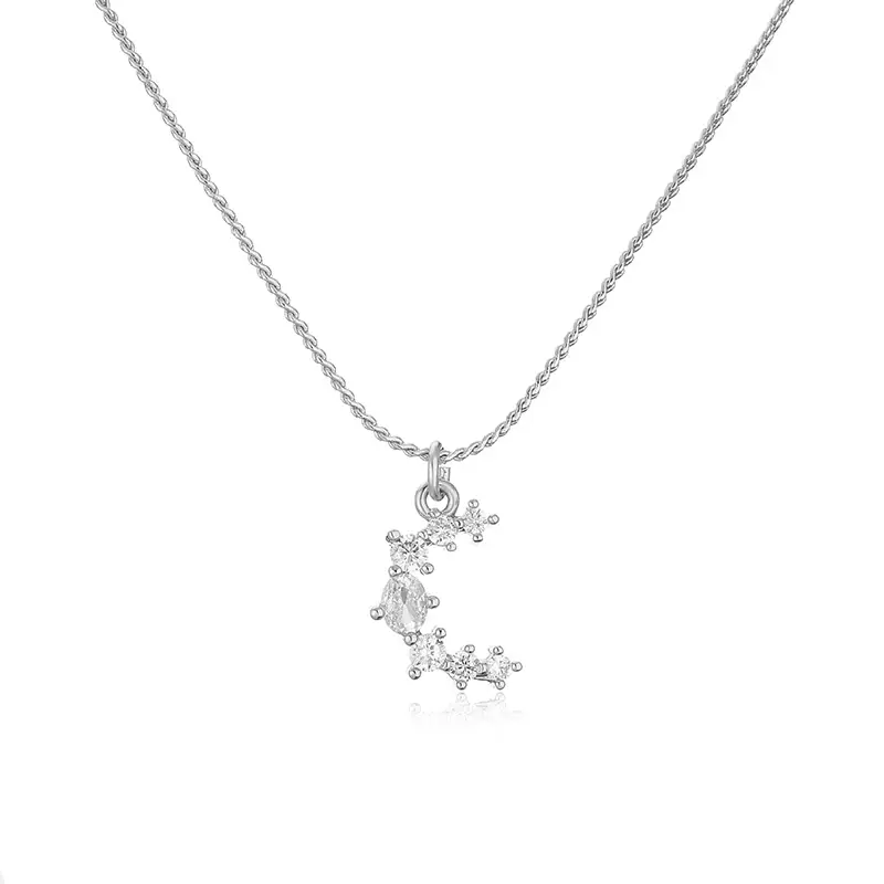 brass rhodium plated cz pave curved bar necklace