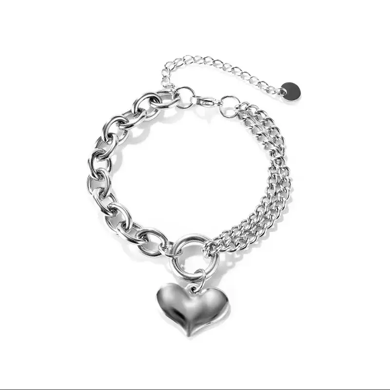 brass silver chunky chain heart pendant bracelet