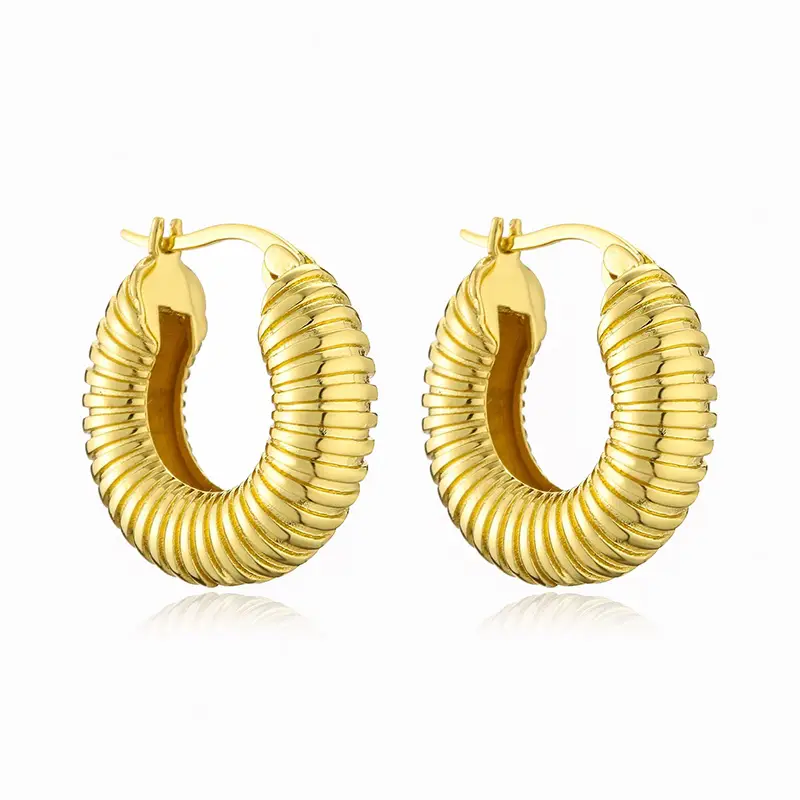 chunky brass gold plated ribbed texture hoop earrings