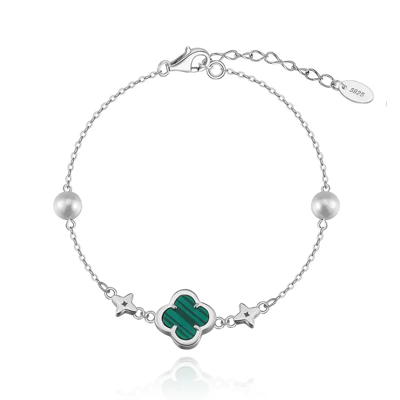 s925 silver green agate four leaf clover bracelet