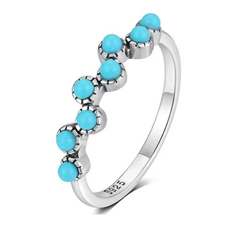 s925 silver turquoise beaded wave ring
