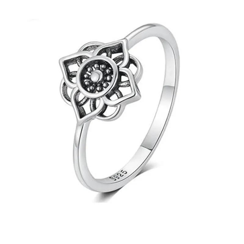vintage 925 silver hollow flower statement ring