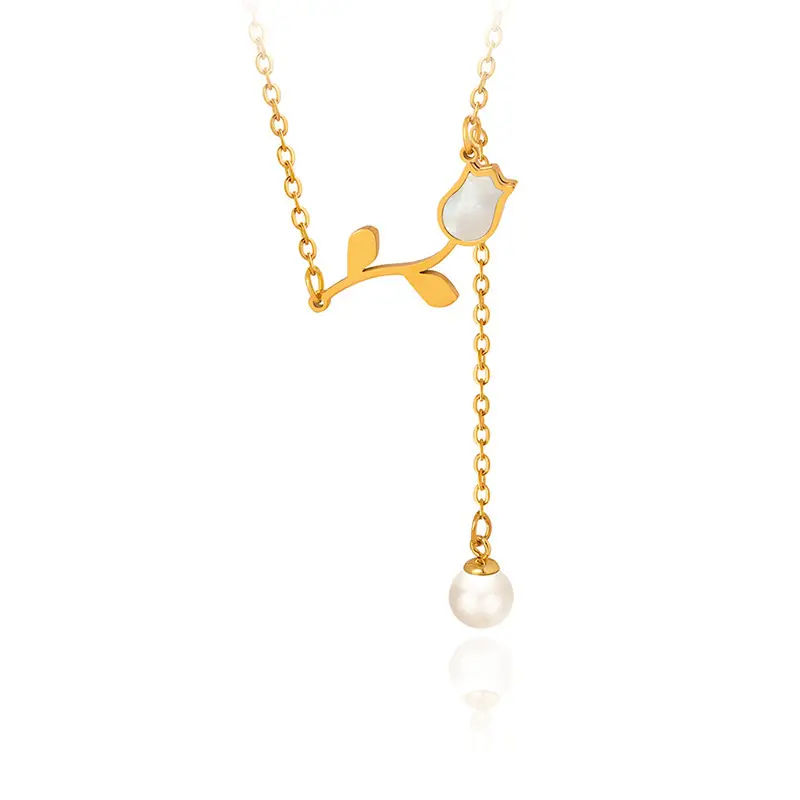 elegant leaf branch pendant necklace with pearl