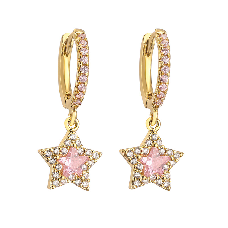 brass-gold-plated-pink-cz-star-charm-hoops