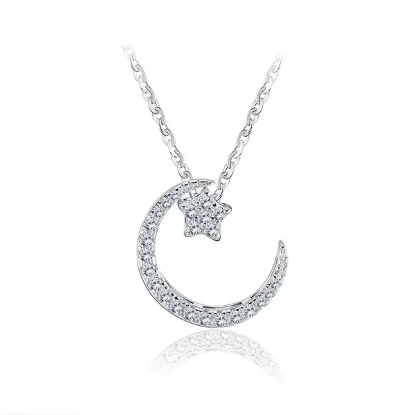 925 silver moon and star pave cz necklace