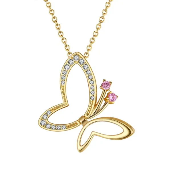 elegant gold s925 silver butterfly pink cz necklace